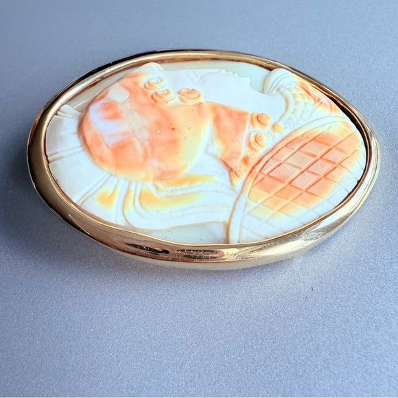 Vintage 14K Gold Exquisite Cameo Shell Athena HUGE Oval Brooch Pin/ Pend… - Picture 6 of 17
